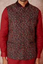 Load image into Gallery viewer, Red Linen Kurta Bundi Set with Multicolor Resham Embroidery