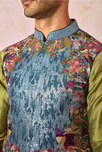 Load image into Gallery viewer, Turquoise Sequin-Adorned Bundi Set with Olive Green Cotton silk pintuck Kurta