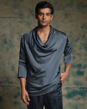Load image into Gallery viewer, Charcoal Blue hand embroidered short jacket set