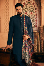 Load image into Gallery viewer, Hand-Picked Stitch: Navy Blue Indowestern with Patchwork Pintuck