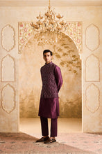 Load image into Gallery viewer, EMBROIDERED WINE MIRRORWORK BUNDI JACKET WITH KURTA AND PANT