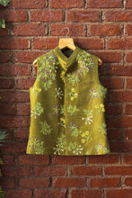 Load image into Gallery viewer, Ivory and Green Hand Painted and Hand Embroidered Vest Set