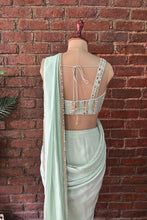 Load image into Gallery viewer, Mint Pre-draped saree with mirror work blouse