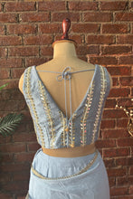 Load image into Gallery viewer, Dusty Blue Pre-draped saree with mirror work blouse