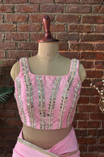 Load image into Gallery viewer, Pink Pre-draped saree with mirror work blouse