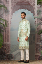 Load image into Gallery viewer, Viridian Fern Raw Silk Embroidered Kurta Bundi Set