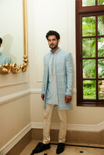 Load image into Gallery viewer, POWDER BLUE RAW SILK OPEN SHERWANI JACKET WITH KURTA AAND TROUSER