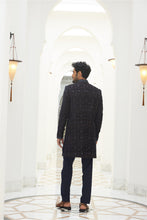 Load image into Gallery viewer, MIDNIGHT BLUE EMBROIDERED VELVET SHORT SHERWANI WITH KURTA AND TROUSER
