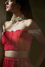 Load image into Gallery viewer, Red skirt with pleated crop top and dupatta