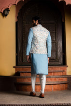 Load image into Gallery viewer, IVORY FLORAL MATKA JACKET WITH PODER BLUE KURTA AND IVORY DHOTI