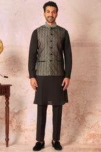 Load image into Gallery viewer, Silver Embroidered Linen Kurta Bundi Set