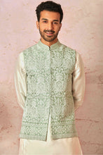 Load image into Gallery viewer, Heritage Mint Green Bundi Set with Cream Cotton silk Kurta
