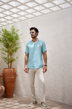 Load image into Gallery viewer, Sky Blue Cuban Embroidered Tropical Shirt