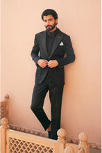 Load image into Gallery viewer, Nocturnal Sophistication: Black Tuxedo Suit with Katdana, Nalki, and Moti Motifs