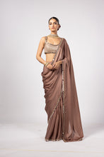 Load image into Gallery viewer, DEEP BEIGE SATIN SAREE WITH SQUARE NECK BLOUSE