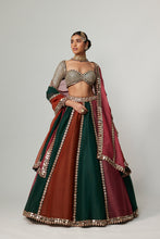 Load image into Gallery viewer, CRANBERRY MULTICOLOR LINEAR LEHENGA WITH SWEETHEART FULL SLEEVE BLOUSE.
