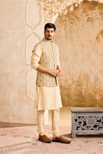 Load image into Gallery viewer, EMBROIDERED BEIGE BUNDI JACKET WITH KURTA AND CHURIDAR