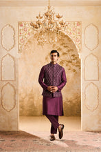 Load image into Gallery viewer, EMBROIDERED WINE MIRRORWORK BUNDI JACKET WITH KURTA AND PANT