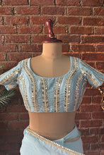 Load image into Gallery viewer, Sky Blue Pre-draped saree with mirror work blouse