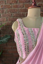 Load image into Gallery viewer, Pink Pre-draped saree with mirror work blouse
