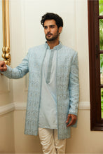 Load image into Gallery viewer, POWDER BLUE RAW SILK OPEN SHERWANI JACKET WITH KURTA AAND TROUSER