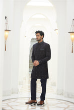 Load image into Gallery viewer, MIDNIGHT BLUE EMBROIDERED VELVET SHORT SHERWANI WITH KURTA AND TROUSER