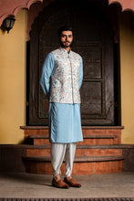 Load image into Gallery viewer, IVORY FLORAL MATKA JACKET WITH PODER BLUE KURTA AND IVORY DHOTI