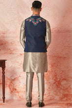Load image into Gallery viewer, Grey Silk Kurta Bundi Set with Multicolor Resham Embroidery