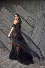 Load image into Gallery viewer, Black Net Embroidery Halter Neck Hand Gown And Dupatta Set