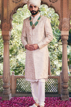 Load image into Gallery viewer, Cream Floral Embroidered Sherwani with Threadwork AND MOTI HAND EMBROIDERY HIGHLIGHTS