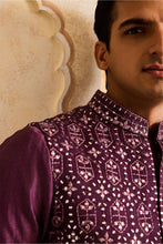 Load image into Gallery viewer, EMBROIDERED WINE MIRRORWORK BUNDI JACKET WITH KURTA AND PANT
