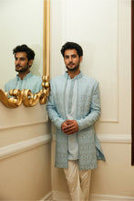 Load image into Gallery viewer, POWDER BLUE RAW SILK OPEN SHERWANI JACKET WITH KURTA AAND TROUSER