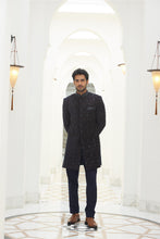 Load image into Gallery viewer, MIDNIGHT BLUE EMBROIDERED VELVET SHORT SHERWANI WITH KURTA AND TROUSER