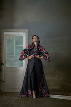 Load image into Gallery viewer, Floral embroidered black long dress with a short jacket and trouser