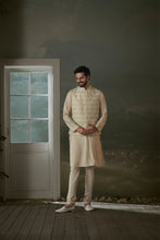 Load image into Gallery viewer, BEIGE KURTA CHURIDAR WITH WORKED BUNDI JACKET SET