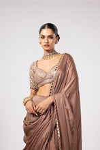 Load image into Gallery viewer, DEEP BEIGE SATIN SAREE WITH SWEETHEART NECK BLOUSE