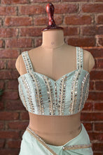 Load image into Gallery viewer, Mint Pre-draped saree with mirror work blouse