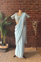 Load image into Gallery viewer, Sky Blue Pre-draped saree with mirror work blouse