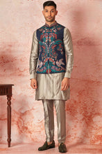 Load image into Gallery viewer, Grey Silk Kurta Bundi Set with Multicolor Resham Embroidery