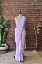 Load image into Gallery viewer, Lavender Pre-draped saree with mirror work blouse