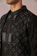 Load image into Gallery viewer, Midnight Embroidered Black Silk Floral Bundi & Kurta Set