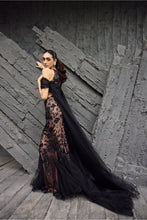 Load image into Gallery viewer, Black Net Embroidery Halter Neck Hand Gown And Dupatta Set