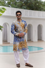 Load image into Gallery viewer, Mustard and Blue Tie-Dye Resham Embroidered Kurta