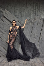 Load image into Gallery viewer, Black Net Embroidery Halter Neck Hand Gown And Dupatta Set
