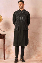Load image into Gallery viewer, Midnight Embroidered Black Silk Floral Bundi & Kurta Set