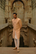 Load image into Gallery viewer, Peach Geometric Sherwani With Kurta & Trouser Set