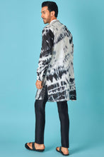 Load image into Gallery viewer, Monochrome Beauty: White and Black Tie-Dye Pure Linen Kurta with Mirror and Dori Embroidery