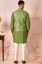 Load image into Gallery viewer, Geometric Green Chanderi Silk Kurta Bundi Set