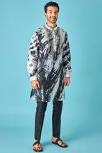 Load image into Gallery viewer, Monochrome Beauty: White and Black Tie-Dye Pure Linen Kurta with Mirror and Dori Embroidery