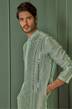 Load image into Gallery viewer, Green Mirage: Green Chanderi Kurta with Panel Mirror Work and Resham Affixed